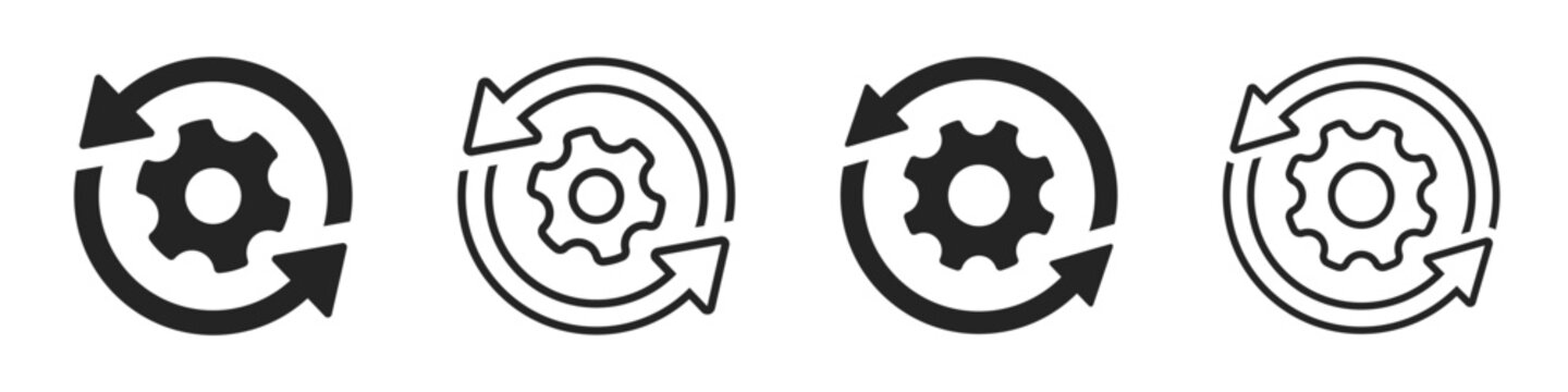 Sync process and workflow icon set. Productivity, setting, synchronization, gear wheel with arrow symbol on white background - stock vector.