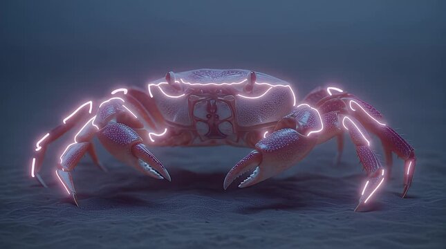 Glowing Neon Crab on Dark Background.