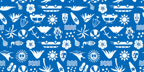Naklejka premium Blue background with a repeating pattern of white nautical and celestial symbols