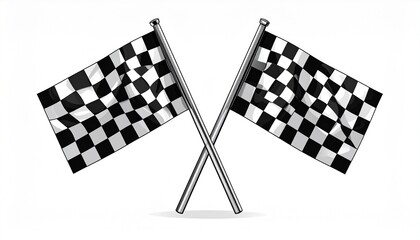 Two crossed checkered racing flags with black-and-white square pattern, mounted on black poles, symbolizing motorsport competition.