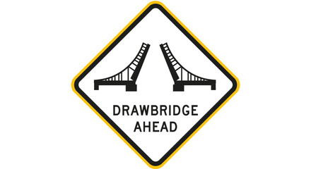 Obraz premium Warning sign for drawbridge ahead on road infrastructure with bridge illustration and cautionary text