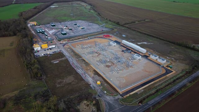 Aerial view of Biggleswade National Grid 400/132kV Substation surrounded by fields, Biggleswade, Biggleswade, United Kingdom.