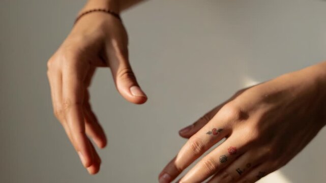 Sliding right hand moving over left hand after pause in room revealing finger tattoos and bracelet
