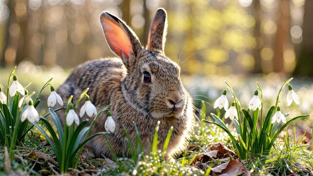 Wild March Hare nestled amidst vibrant spring grass and delicate white snowdrops in dappled forest light for nature blogs, wildlife photography, early spring content, and environmental awareness.