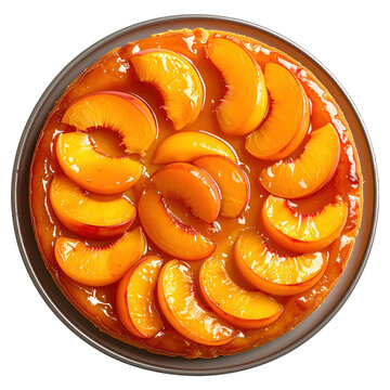Glazed peach upside-down cake with sliced fruit topping in metal pan isolated on white background