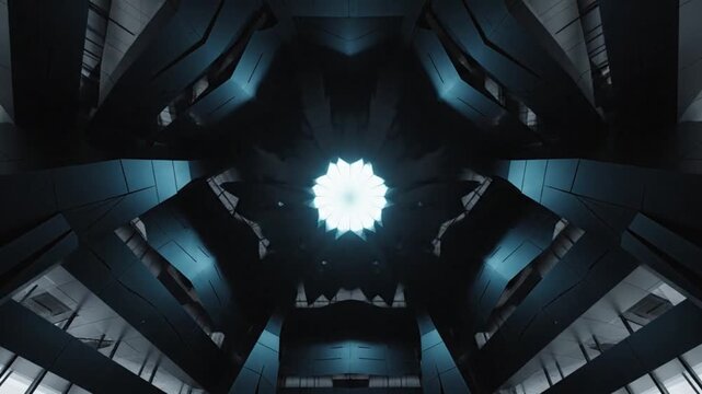 Low-angle shot of a dimly lit, futuristic interior with a bright light source from a circular opening in the center of a dark, metallic ceiling with a moody atmosphere.