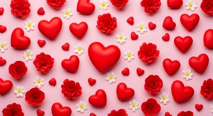 Valentine's day hearts background with red love symbols and flowers