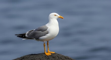 Seagull Standing on Rock by Ocean.