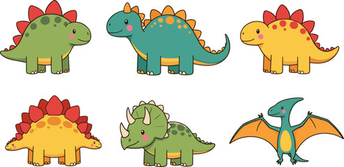 Collection of Cute Cartoon Dinosaur Icons Featuring Stegosaurus Triceratops and Pterodactyl in Detailed Kawaii Flat Vector Illustration Design Set for Kids Projects. © Aminul