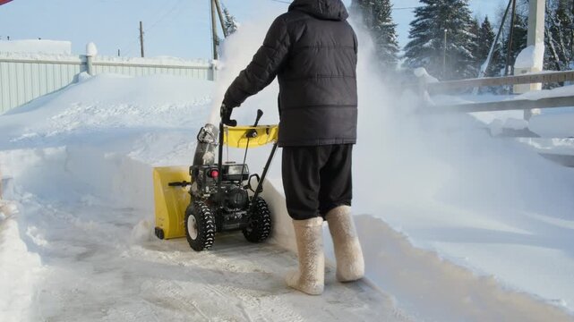 An elderly man learns how to work with a snowplow machine at his house, removing snow