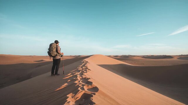 Surveying horizon causing hiker with pack, pole, cap walking dune ridge, leaving prints, copy space
