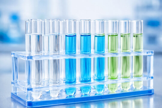 Glass laboratory test tubes with transparent liquid under cool blue light. Clean clinical precision, modern research mood, minimal scientific still life with copy space. Medical and laboratory concept