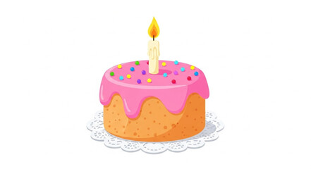 A delicious birthday cake with pink frosting and sprinkles.