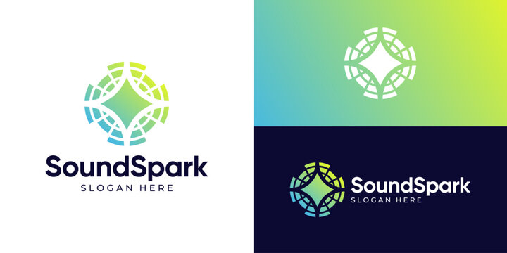 Creative modern sound spark logo template. Sound equalizer with sparkle star logo design vector illustration.