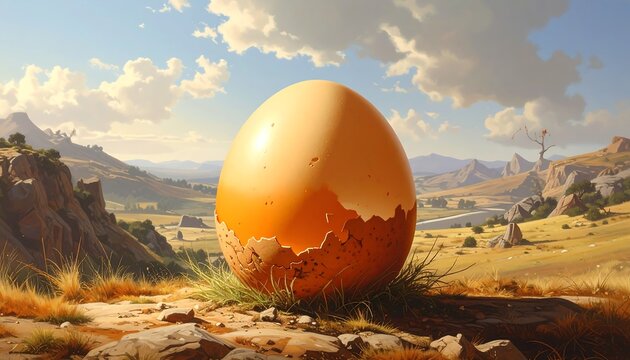 Large cracked egg sitting in a sunny field, mountains in the distance, dramatic cloudscape