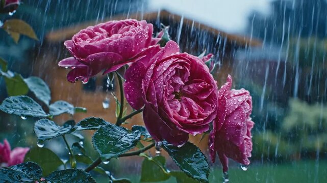 A close-up view of vibrant pink roses drenched in rain, showcasing their delicate petals and droplets, set against a blurred wooden cabin in a lush garden backdrop