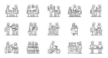 Collection of hand drawn people in various social and business interactions.
