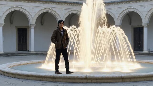 Stepping Asian man brown jacket walking cloister fountain rim as jets peaking, watching, copy space