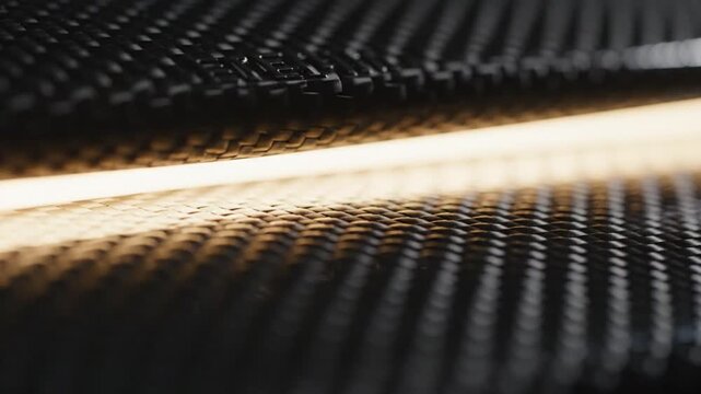 Close-up view of a carbon fiber surface with a thin light streak running across it, showcasing the material's textured pattern and reflective properties against a dark background.
