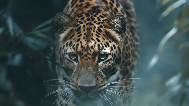 Focused Leopard Stalking Through Dark Jungle Wildlife Predator