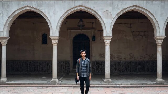 Starting walk Asian man to camera under central arch in courtyard, carrying backpack, plaid shirt