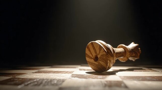 King chess piece fallen wooden chessboard dramatic spotlight conveying defeat and solitude king chess piece board spotlight dramatic leadership