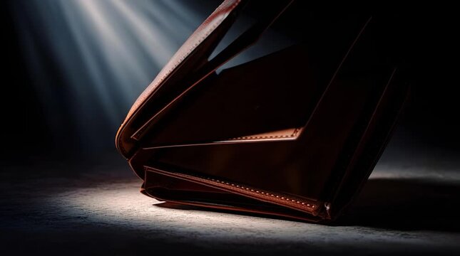 Brown leather wallet illuminated by dramatic light with textured stitching and folded compartment dark surface with spotlight and shadow conveying