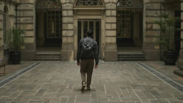 Walking man wearing dark jacket with backpack across tiled atrium to double doors exiting