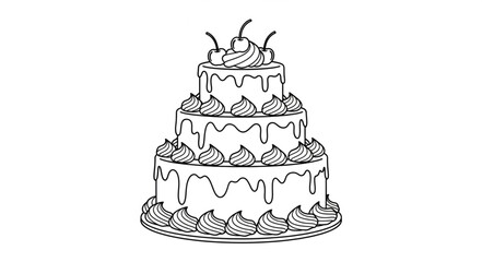 Hand drawn illustration of a delicious tiered cake with cherries.