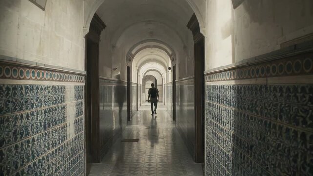 Walking man approaching camera down arched patterned corridor, backpack and distant light drawing