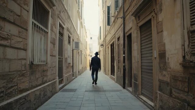 Walking man moving down narrow stone alley, drawn toward bright exit, wearing fedora and jacket