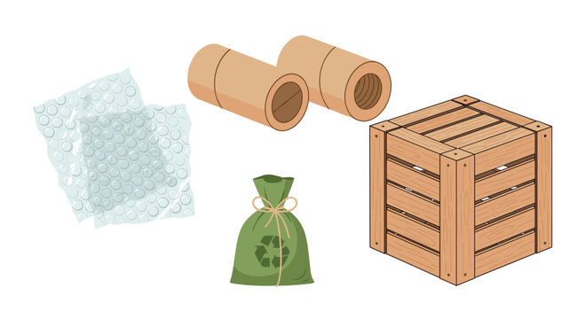 Various packaging materials for shipping and storage including bubble wrap cardboard tubes a wooden crate and a reusable bag, Generative AI.