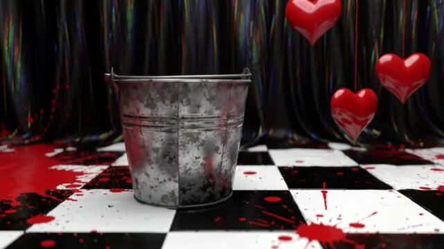 Red hearts dangle above a blood-splattered checkered floor near black curtains.