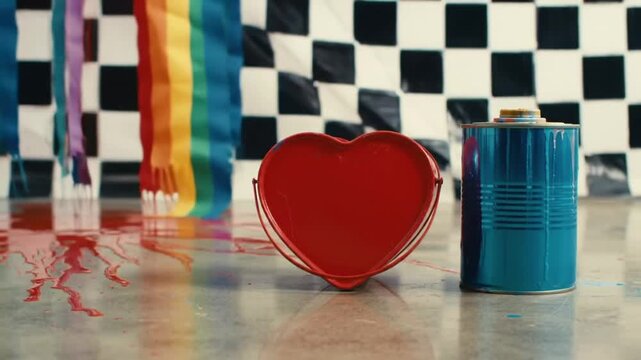 Heart-shaped bucket with spilled red paint and blue tin