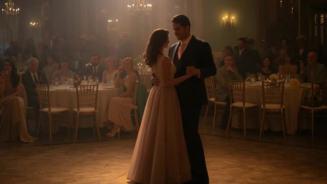 Dancing woman in pale gown, man in dark suit crossing ballroom hardwood floor, music starting dance