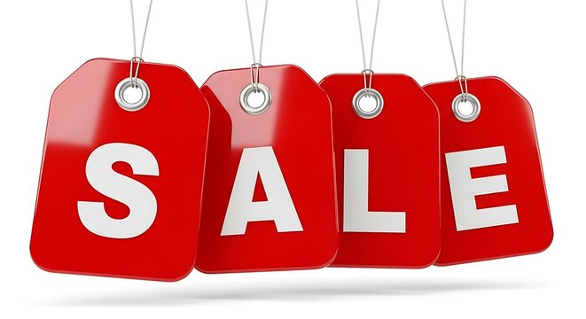 Four red sale tags with the word SALE prominently displayed in white lettering, perfect for promotions