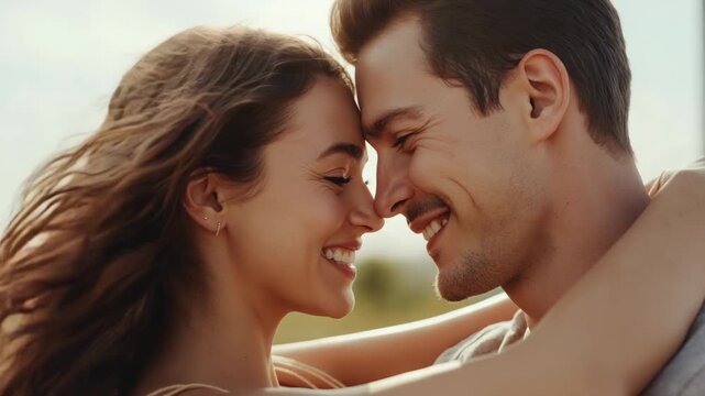 Smiling couple leaning closer after smiles in sunny park, wearing strap top, crew tee, hoop earring