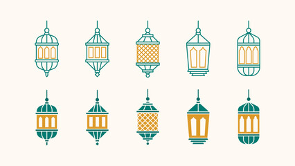 Flat vector Ramadan lantern set featuring modern Islamic hanging lamps in elegant teal and gold colors. Ideal for Ramadan Kareem and Eid Mubarak designs.