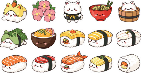 Collection of Cute Sushi Icons Featuring Salmon Tuna Tamago Nigiri Rolls and Mochi Dessert With Kawaii Cat Faces in Detailed Flat Vector Illustration. © Aminul
