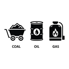 Black icons depicting coal oil and gas energy sources displayed in a row © MSTRAHELA