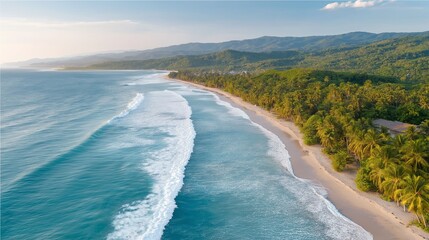 As the sun sets, vivid colors fill the sky, reflecting on calm waters. Palm trees sway gently in the warm breeze, while soft waves embrace the sandy beach