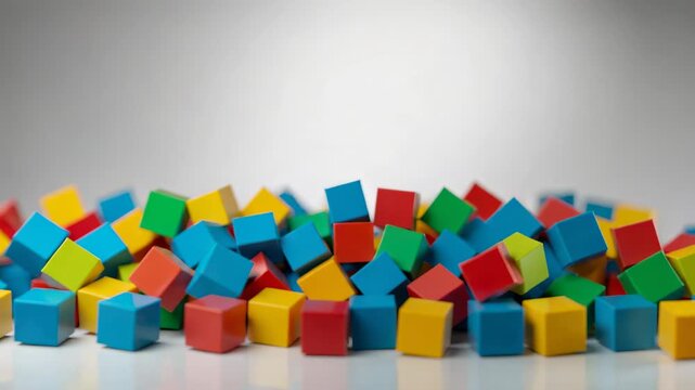 Released from above small bright cubes bouncing then settling on studio tabletop, forming firm pile