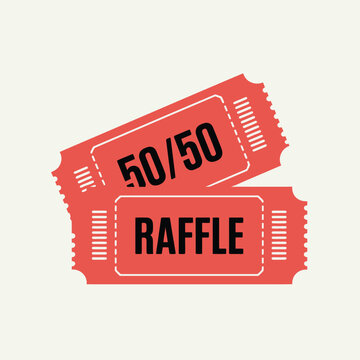 Two red raffle tickets displaying 50 50 and raffle text