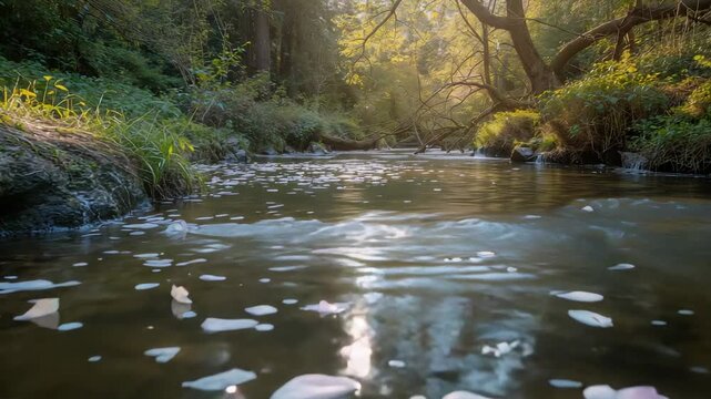 Drifting flower petals slowly moving downstream along shallow creek, current pushing past rocks