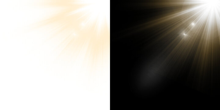 Golden Sunburst Light Rays from Corner, Star Light Burst Lens Flare, Bright Sparkle Glow Ray Effect. Abstract Lens Flare for Overlay on Transparent Background