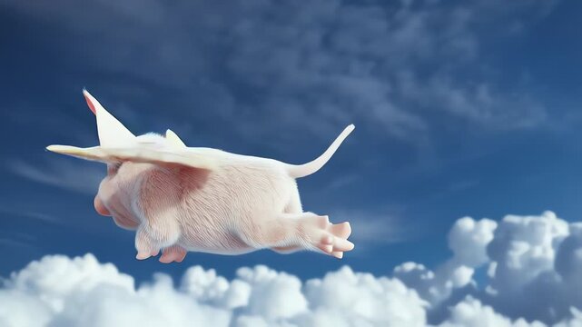 Cute Flying Piglet Soaring Above Clouds Fantasy 3D Animation