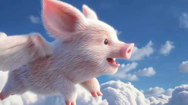 Cute Flying Pig Soaring Above Clouds in Bright Blue Sky