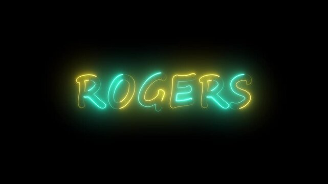 flickering neon rogers text animation. neon sign that flickers and glows with ROGERS
