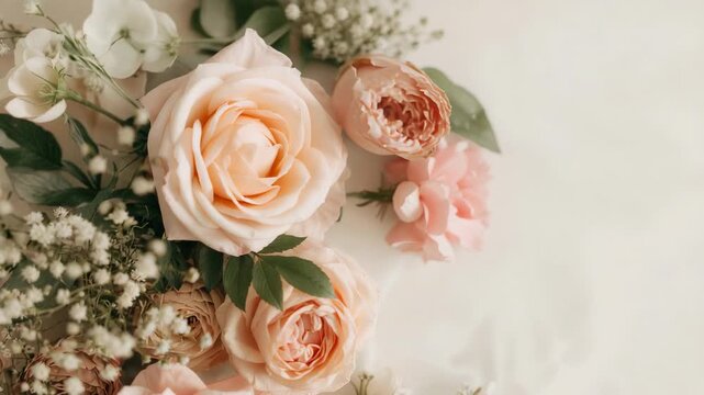 Zooming camera focusing on cream sheet peach roses with baby breath, highlighting rose, copy space