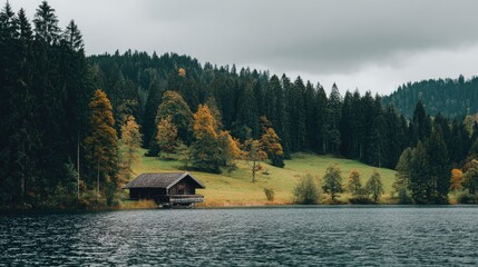 Tranquil lakeside cabin nestled amidst lush forest landscape under overcast sky